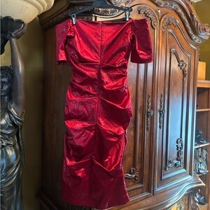 Nicole Miller Red Ruched Midi Cocktail Dress